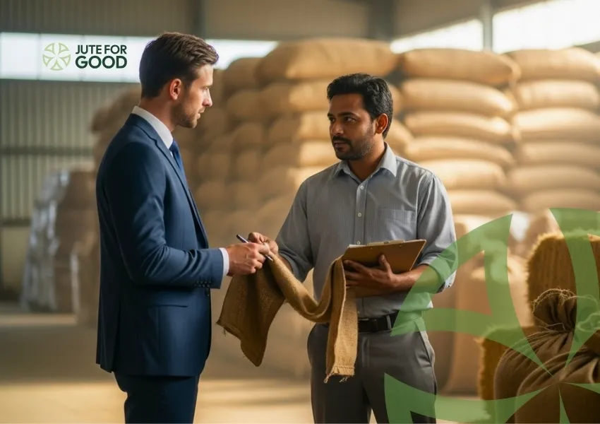 a suted man talking with jute bag manufacturer