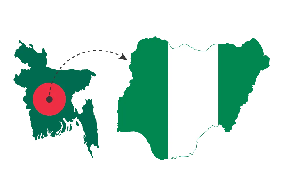 Map showing jute export route from Bangladesh to Nigeria