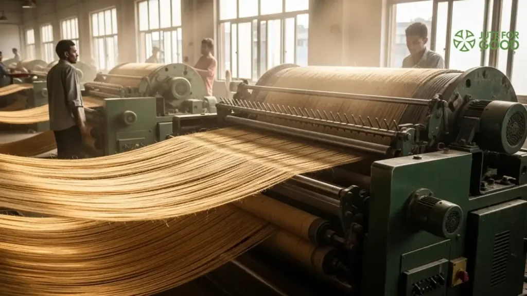 Jute fabric weaving machine in textile mill production