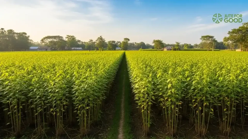 Jute field with aligned crops and rural landscape