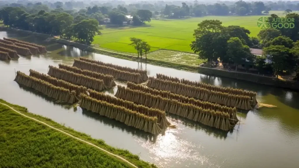 Jute retting process in river with bundled stalks