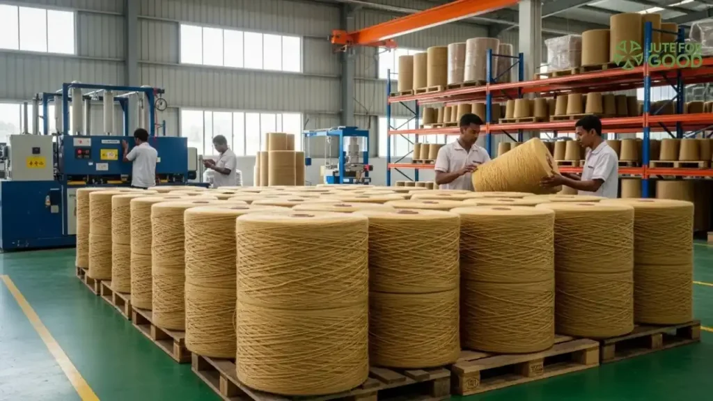 Jute yarn cones stacked in textile factory warehouseSelect 85 more words to run Humanizer.