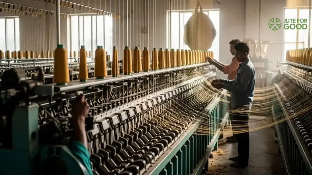 Jute yarn spinning machine with workers in textile mill