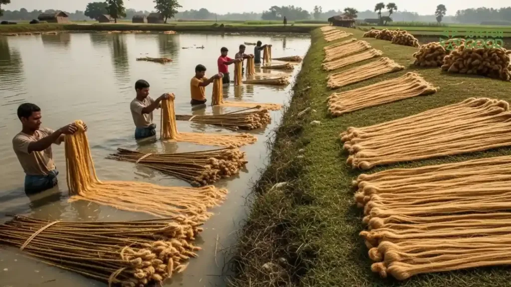 Workers extracting jute fiber and drying bundles by river